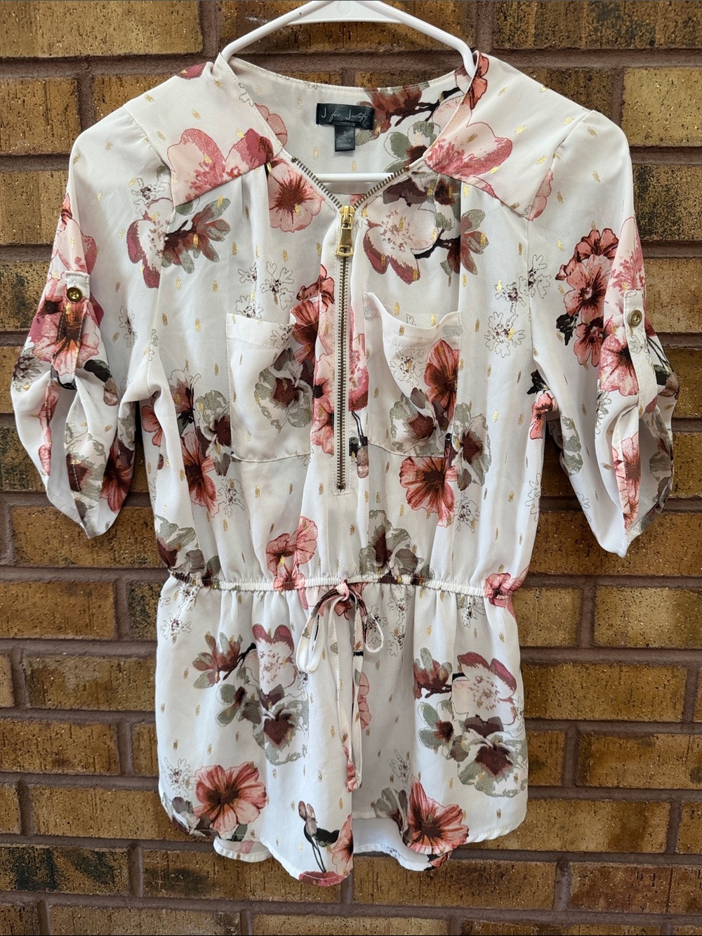 Floral Zip-Front Girls' One-Piece Romper - Cream with Pink Floral